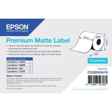 Epson Premium, 102mm x 35m, 163 g/m². Felület típusa: Matt, Nyomtatási média súlya: 163 g/m². Mennyiség csomagonként: 1 db, Csomagolás szélessége: 113 mm, Csomagolás mélysége: 108 mm. Raklaponkénti mennyiség: 648 db, Raklap hossza: 120 cm, Raklap szélessé